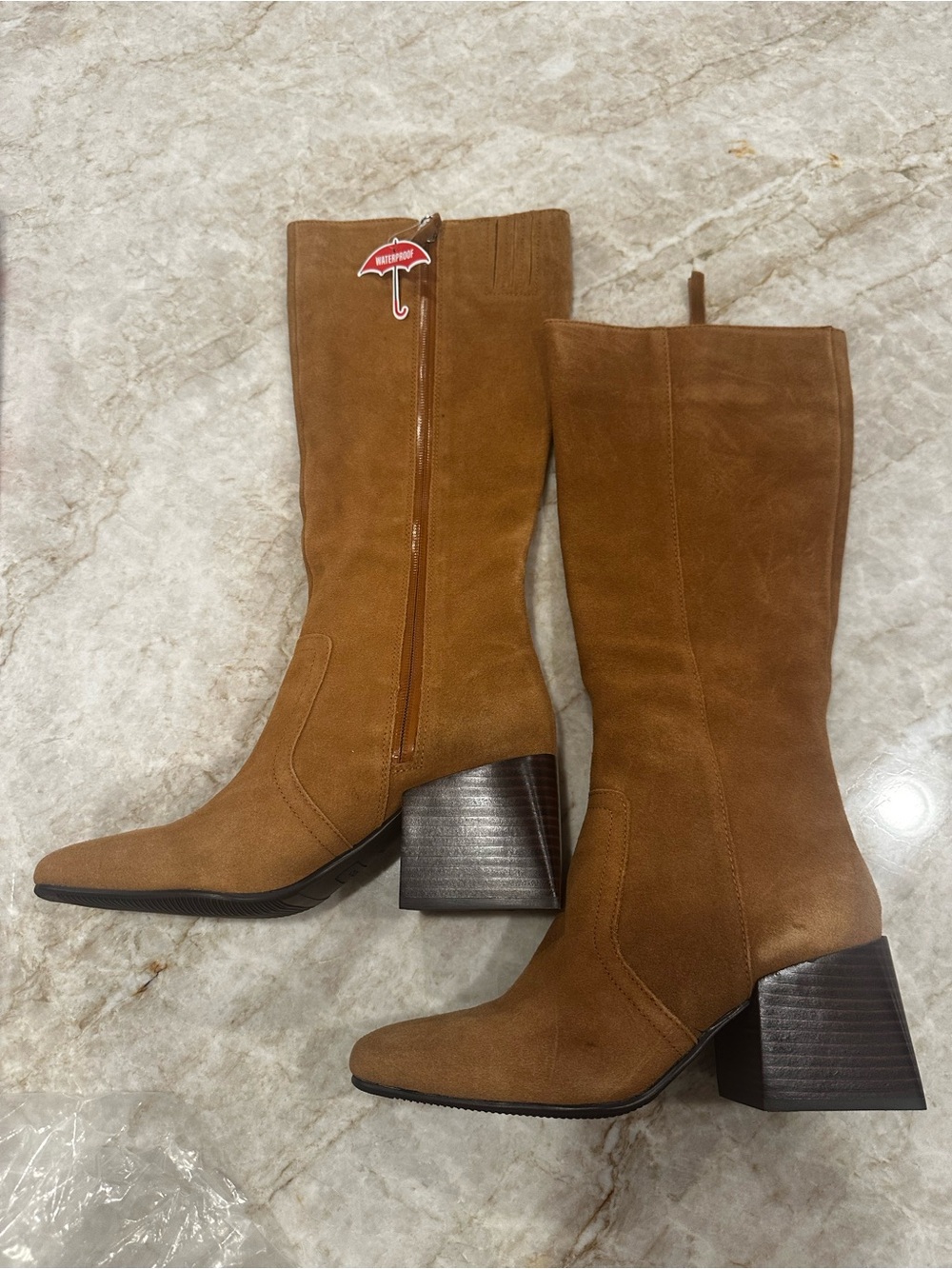 Blondo Tan Suede Mid-Calf Block Heel Boots